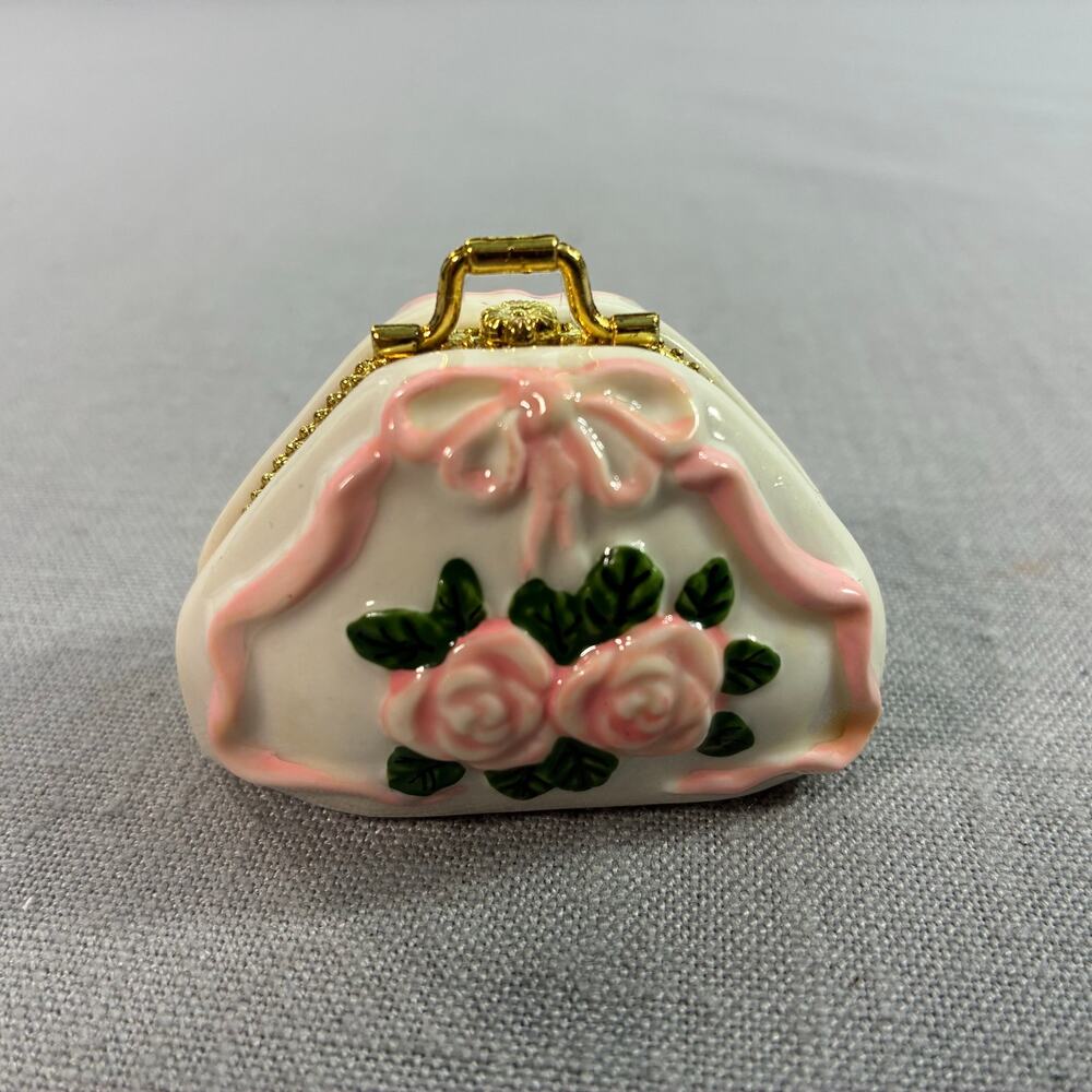 Vintage Porcelain Purse Trinket Box Pink Roses Bow Gold Tone Hinged Miniature